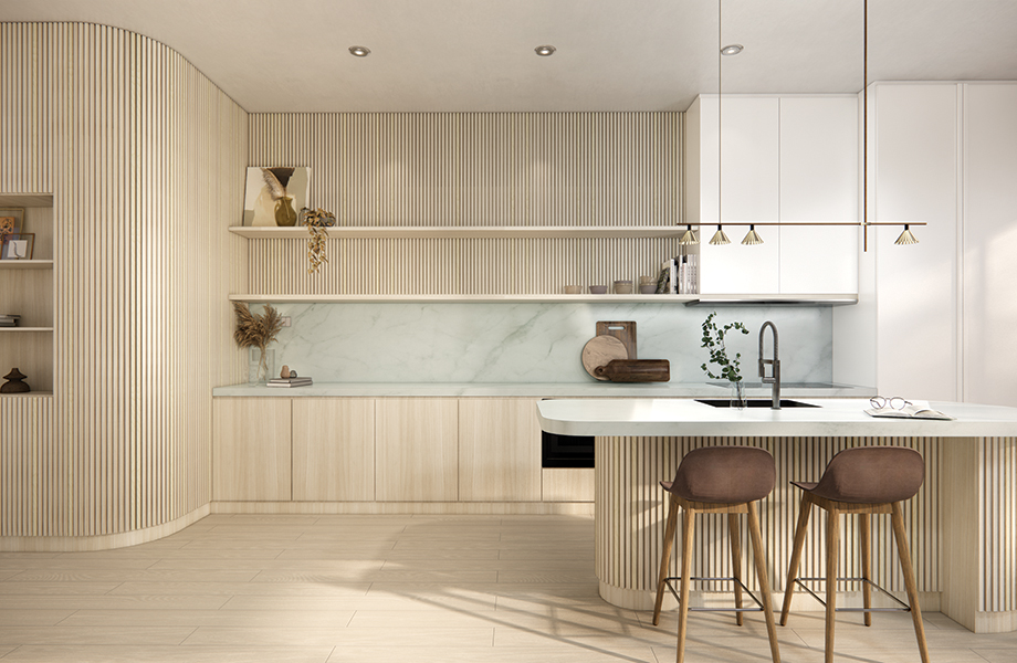 CR8578 Sund Elm, CR5018 Calacatta Cava, CR3200 Ultra White