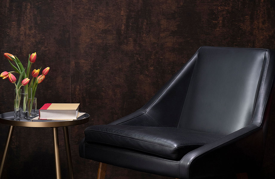 M9424 Copper Patina hotel lobby wall with leather chair